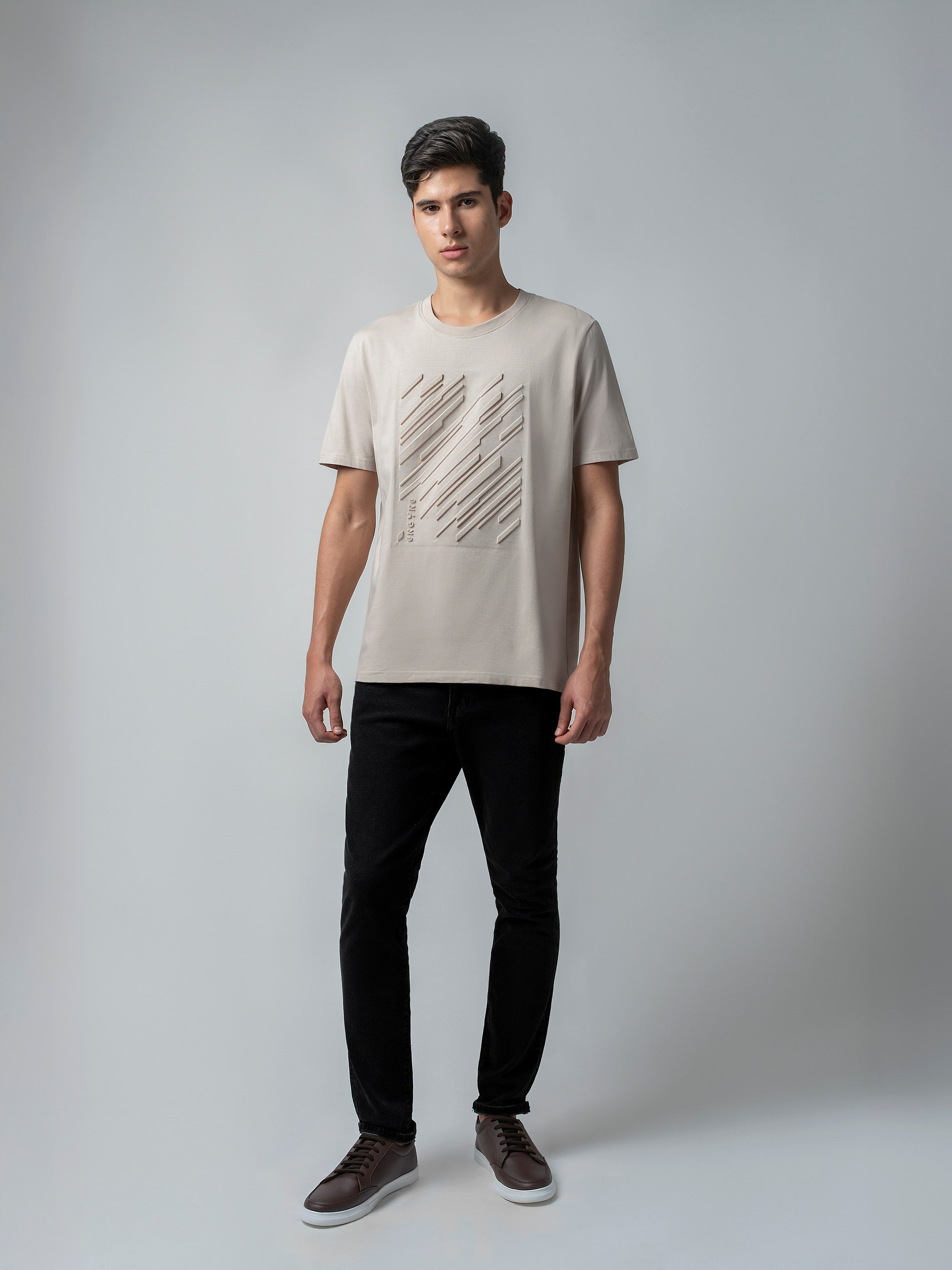 Rougen Cotton Lycra Embossed Mens Sand T Shirt