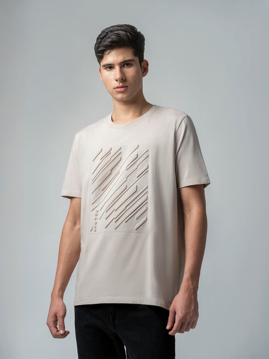 Rougen Cotton Lycra Embossed Mens Sand T Shirt
