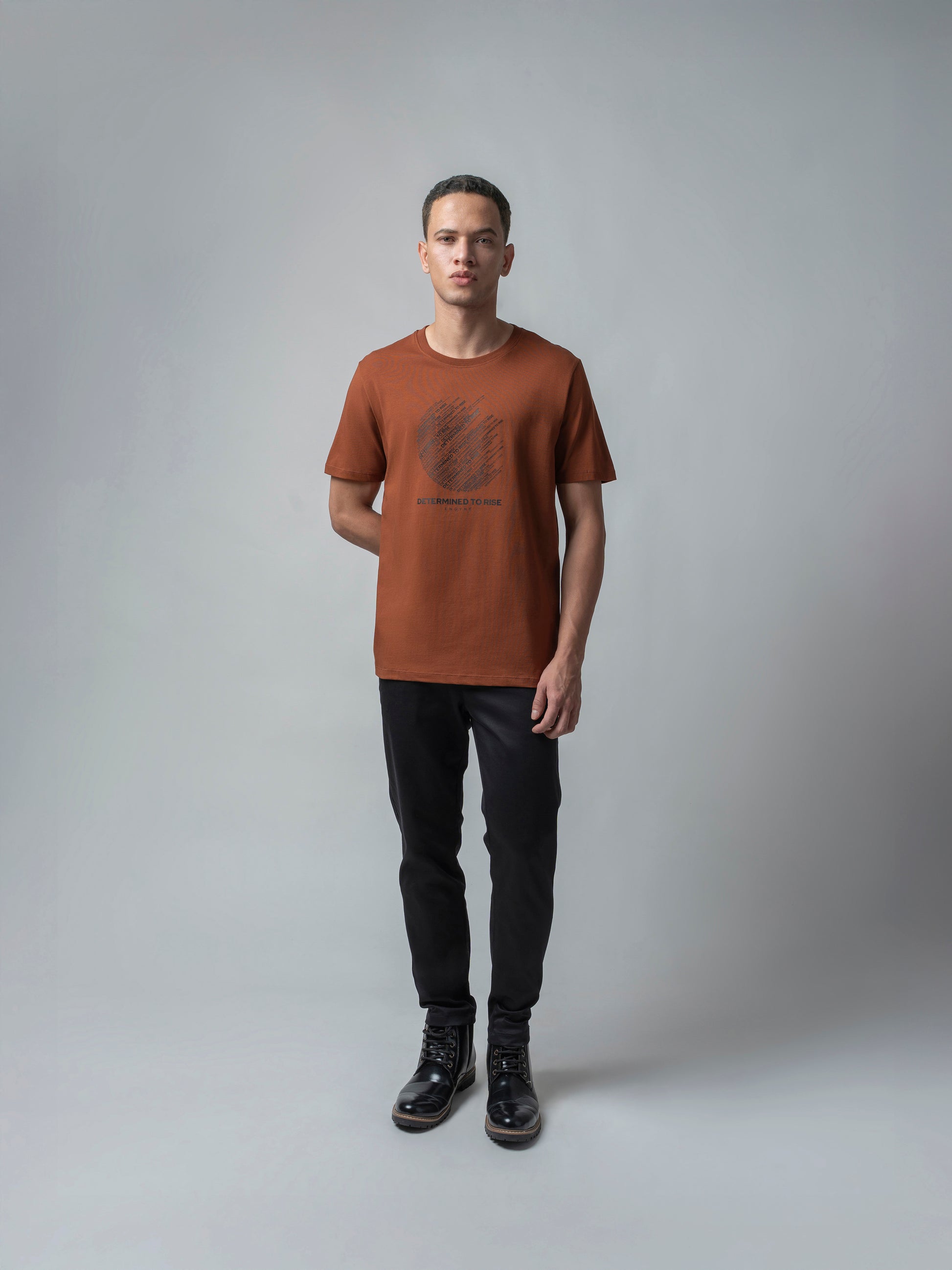 Rougen Cotton Lycra Non-Pvc Chest Print Brown T Shirt Men