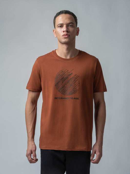 Rougen Cotton Lycra Non-Pvc Chest Print Brown T Shirt Men