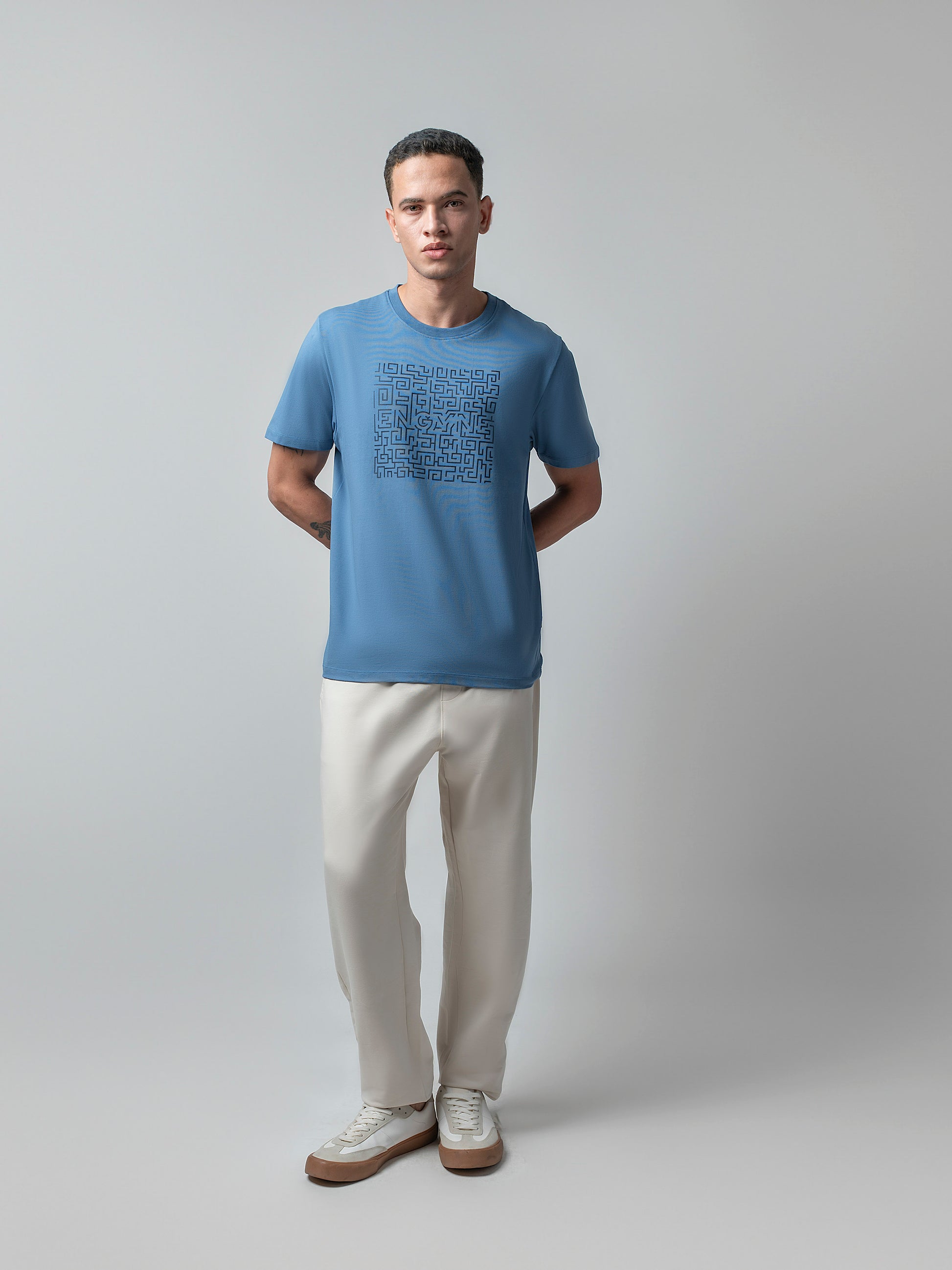 Rougen Cotton Lycra Light Gasoline Chest Print T Shirt For Men