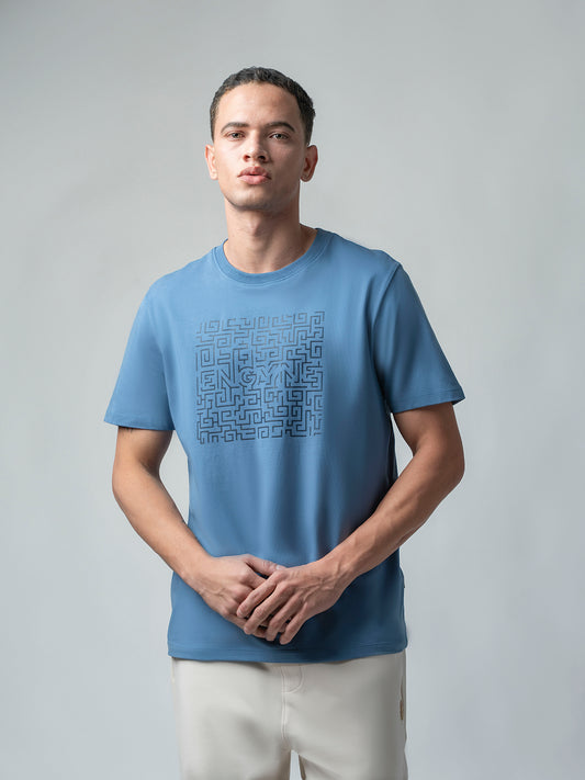 Rougen Cotton Lycra Light Gasoline Chest Print T Shirt For Men