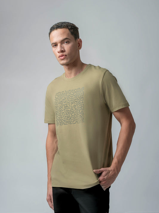 Rougen Cotton Lycra Hd Chest Print Light Olive Tee For Men