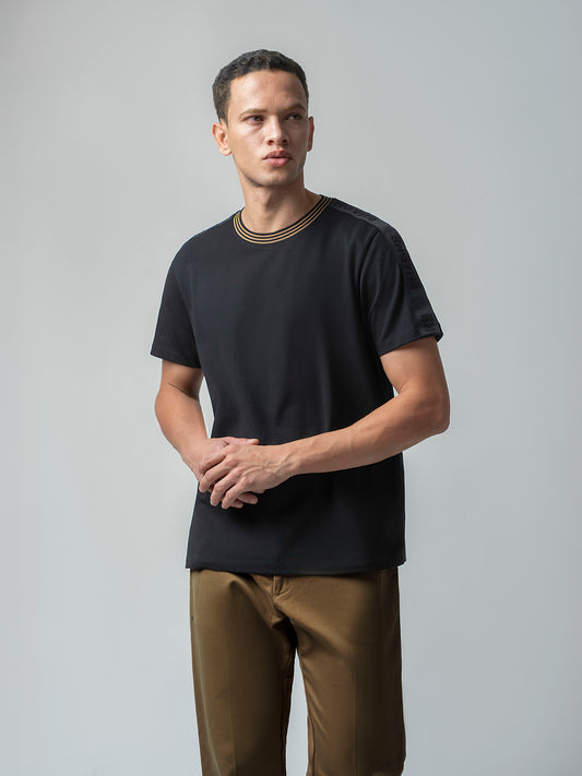 Rougen Cotton Lycra Woven Shoulder Tape Black Crew Neck T Shirt