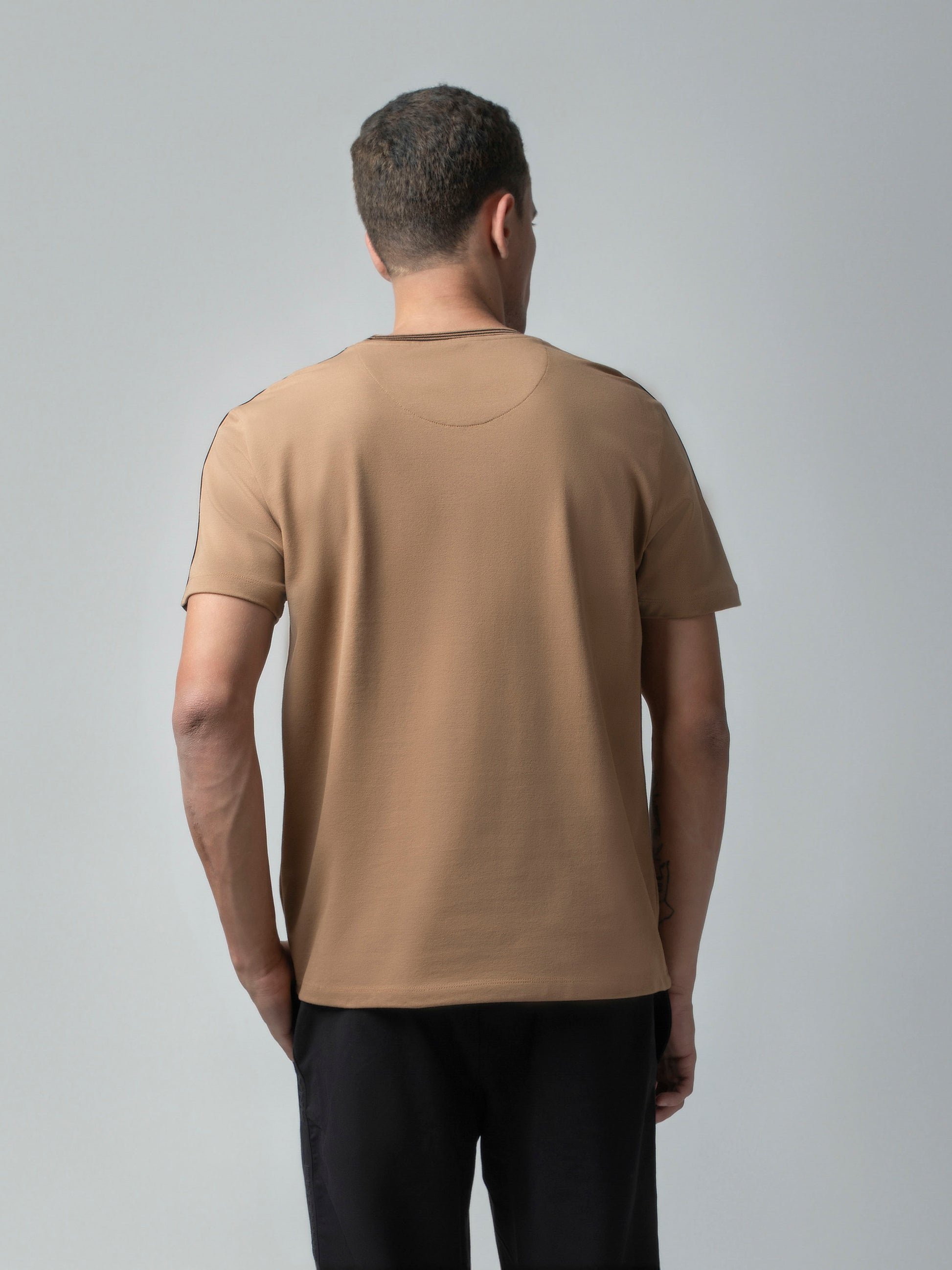Rougen Cotton Lycra Woven Shoulder Tape Khaki T Shirt For Men