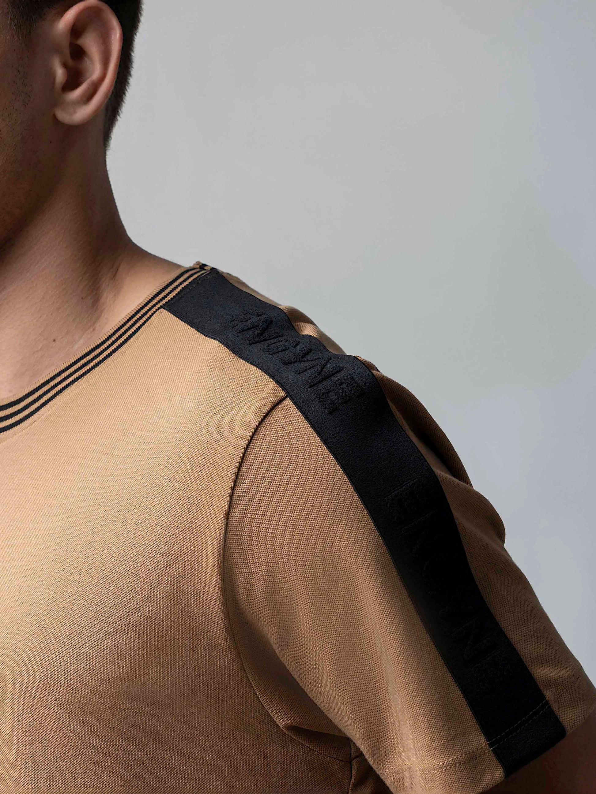Rougen Cotton Lycra Woven Shoulder Tape Khaki T Shirt For Men