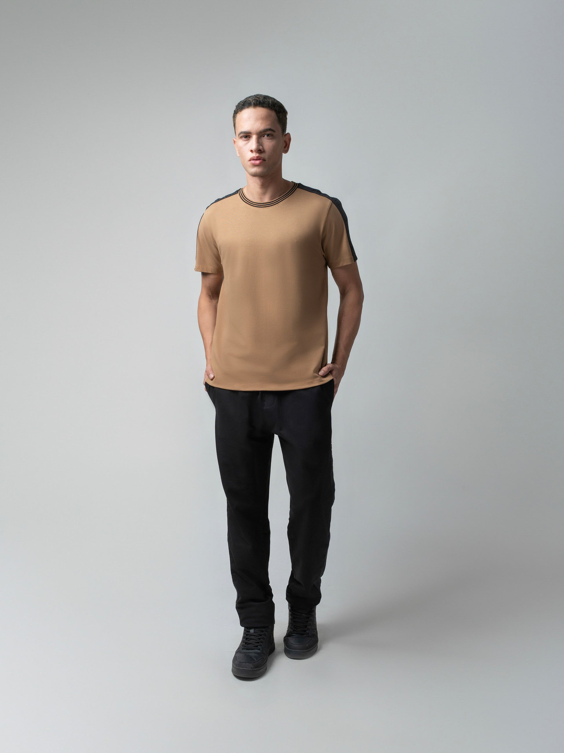 Rougen Cotton Lycra Woven Shoulder Tape Khaki T Shirt For Men