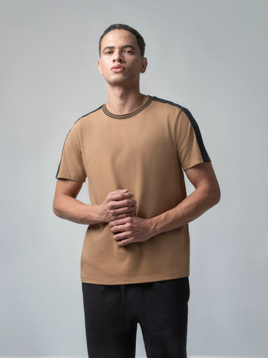 Rougen Cotton Lycra Woven Shoulder Tape Khaki T Shirt For Men