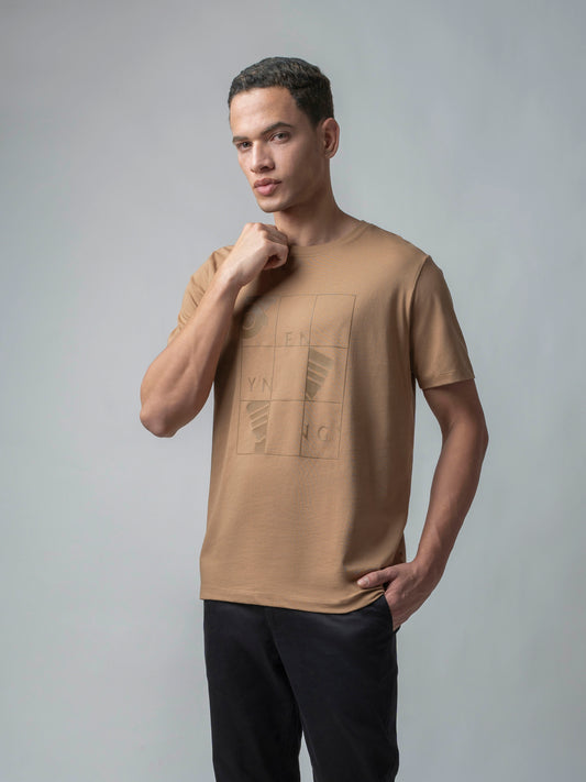 Rougen Cotton Lycra Khaki T Shirt for Men