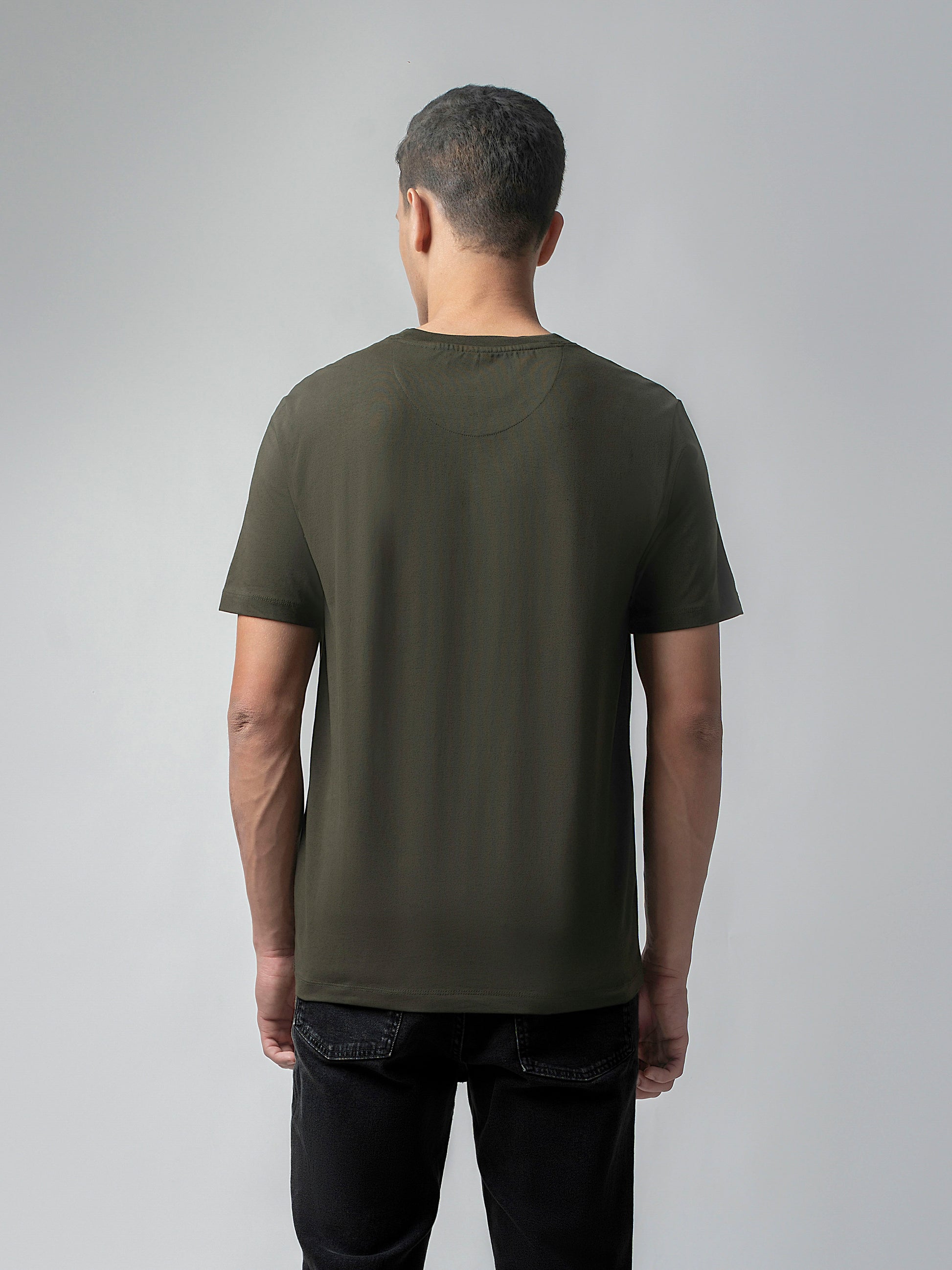 Rougen Cotton Lycra Non-Pvc Chest Print Olive Tee Shirt