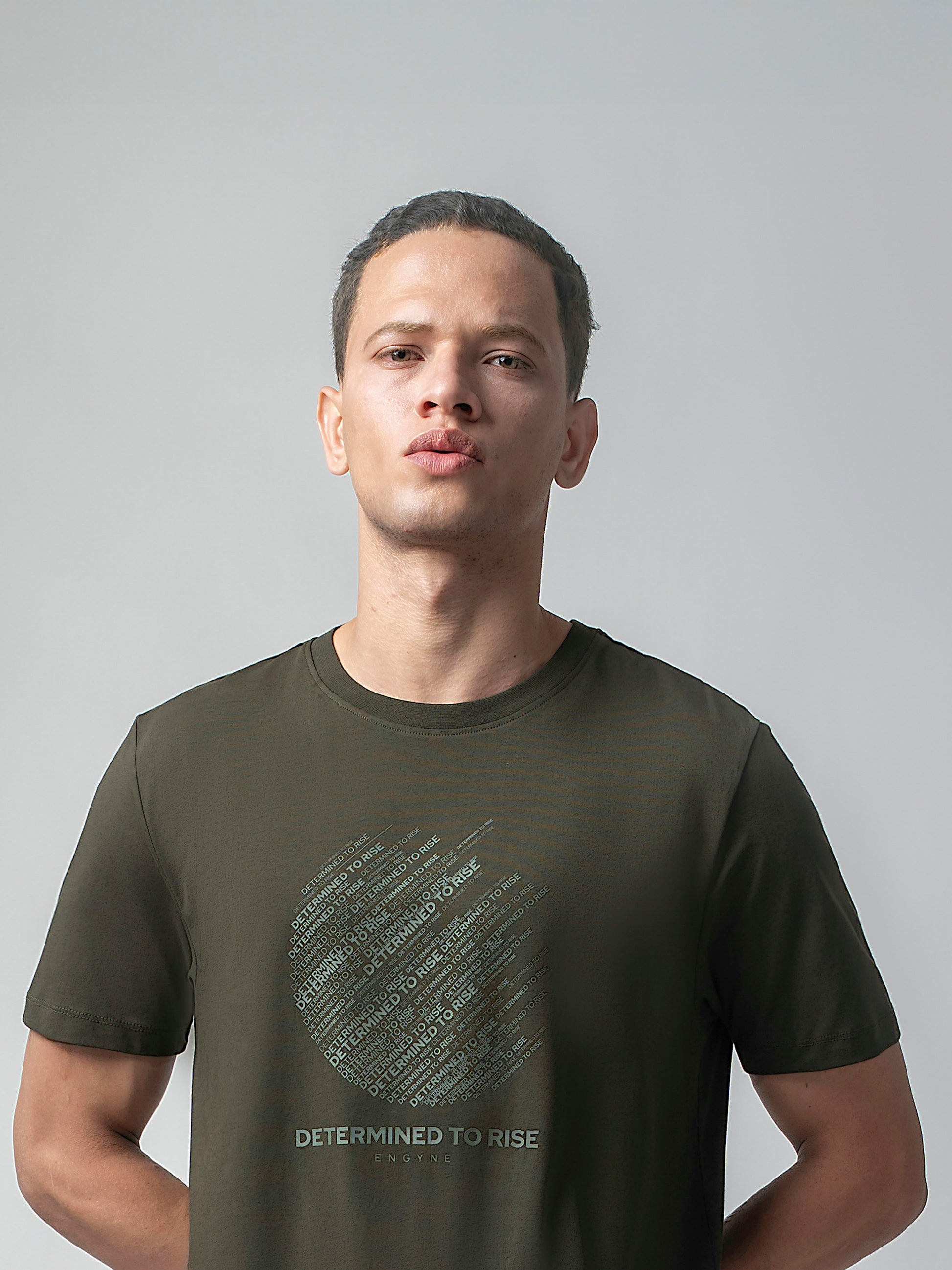 Rougen Cotton Lycra Non-Pvc Chest Print Olive Tee Shirt