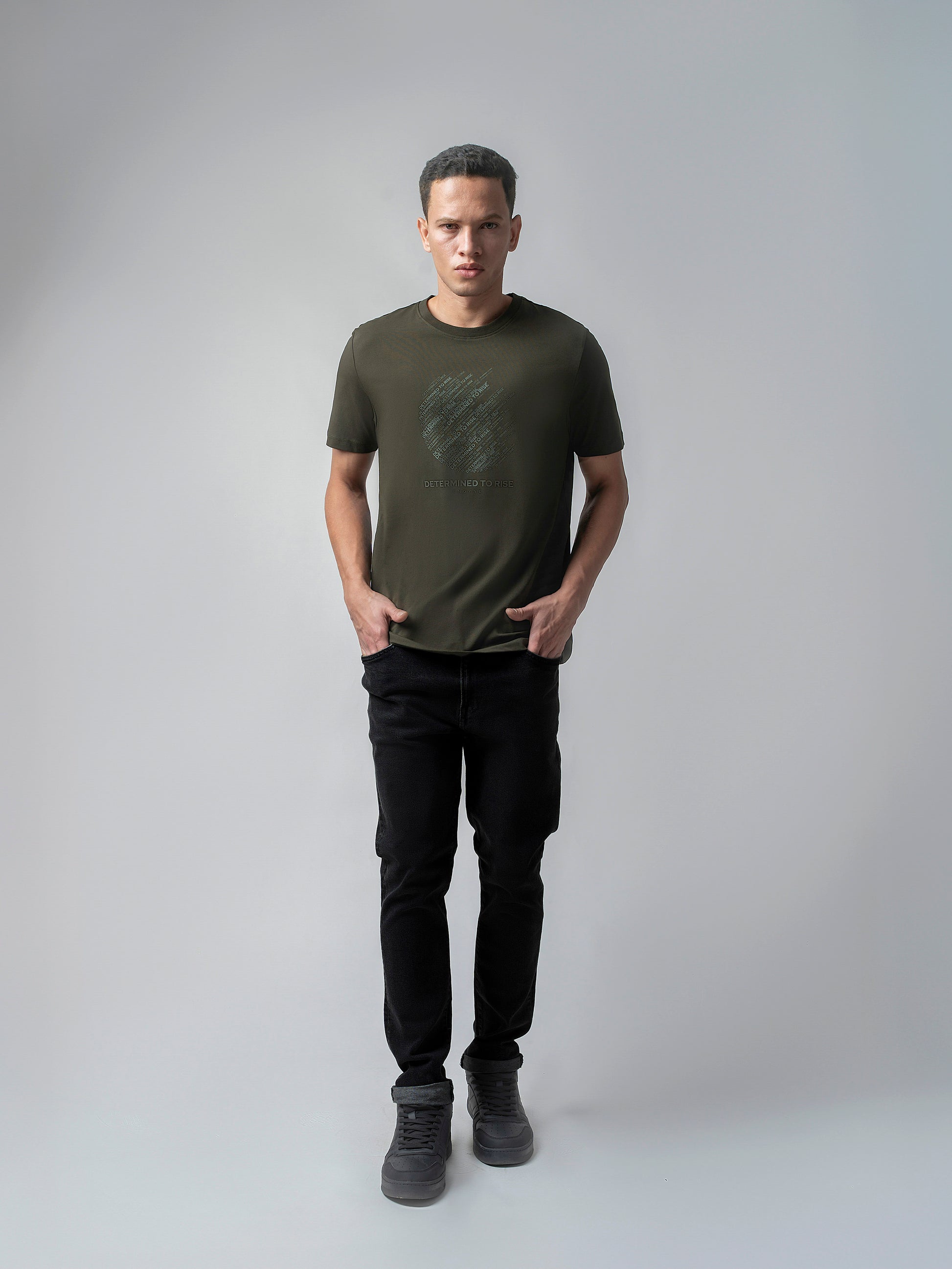 Rougen Cotton Lycra Non-Pvc Chest Print Olive Tee Shirt