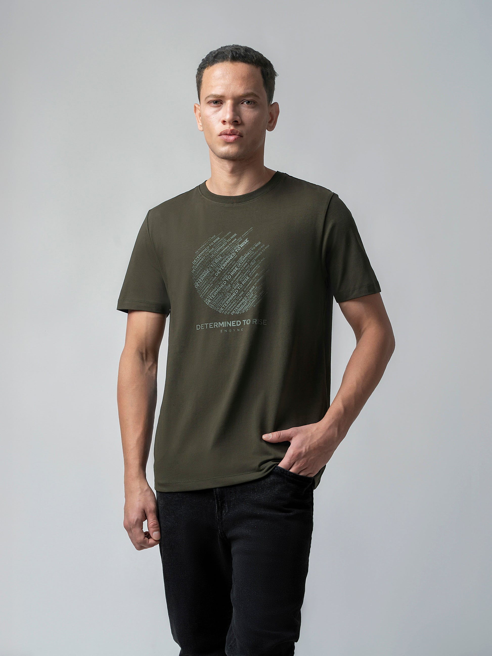 Rougen Cotton Lycra Non-Pvc Chest Print Olive Tee Shirt
