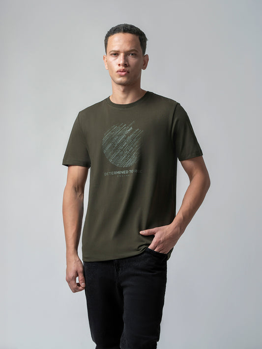 Rougen Cotton Lycra Non-Pvc Chest Print Olive Tee Shirt