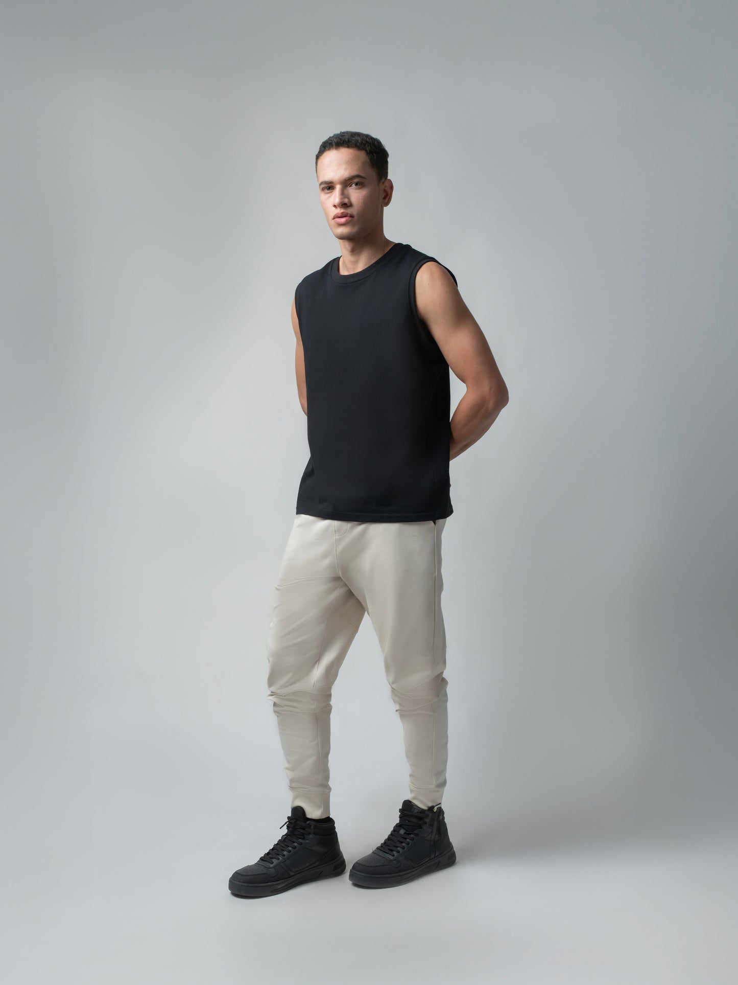 Loop Knit Back Cut-And-Sew Beige Joggers For Men