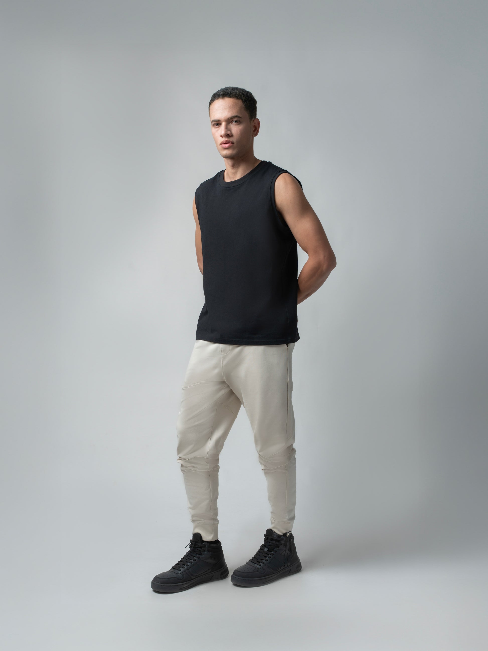 Loop Knit Back Cut-And-Sew Beige Joggers For Men