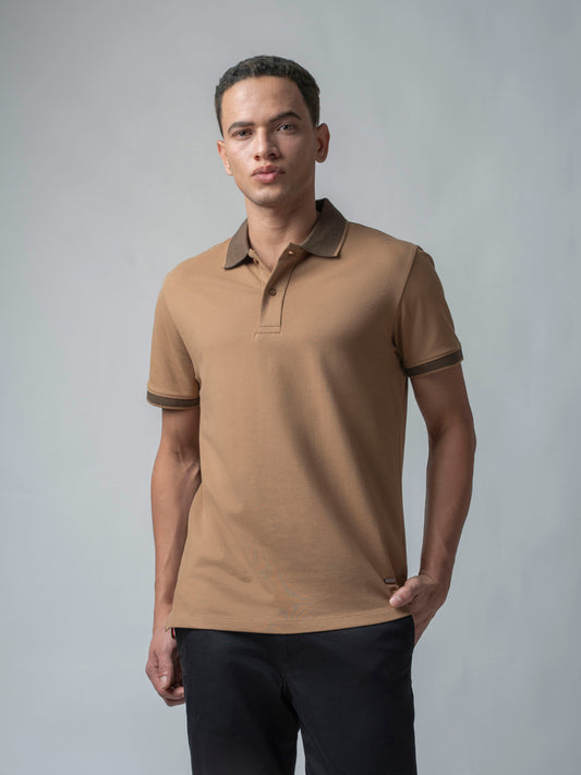 Contrast Bird's Eye Textured Khaki Polo T Shirt For Men