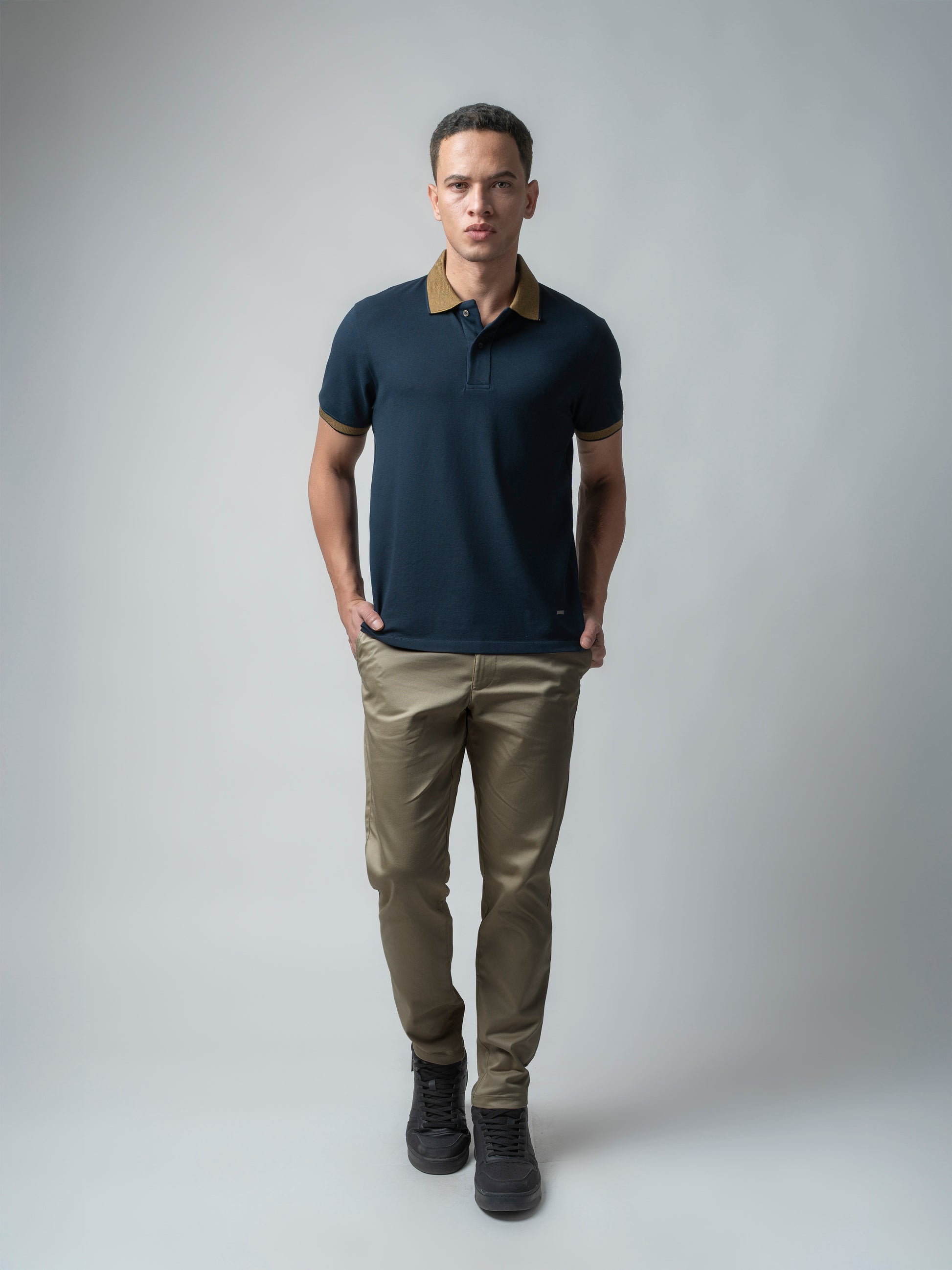 Cuff Tipping Navy Blue T Shirt Polo For Men