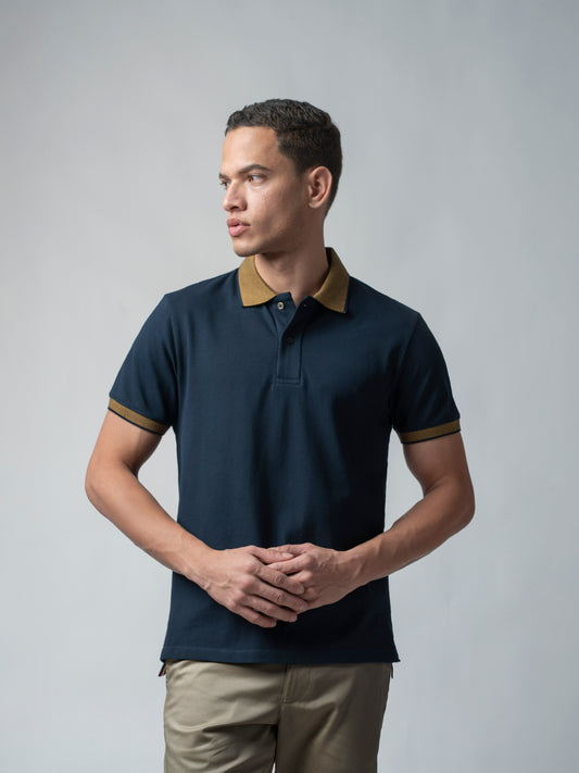 Cuff Tipping Navy Blue T Shirt Polo For Men