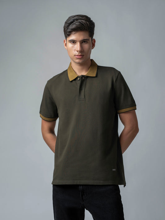 Cuff Tipping Olive Green Polo T Shirt 