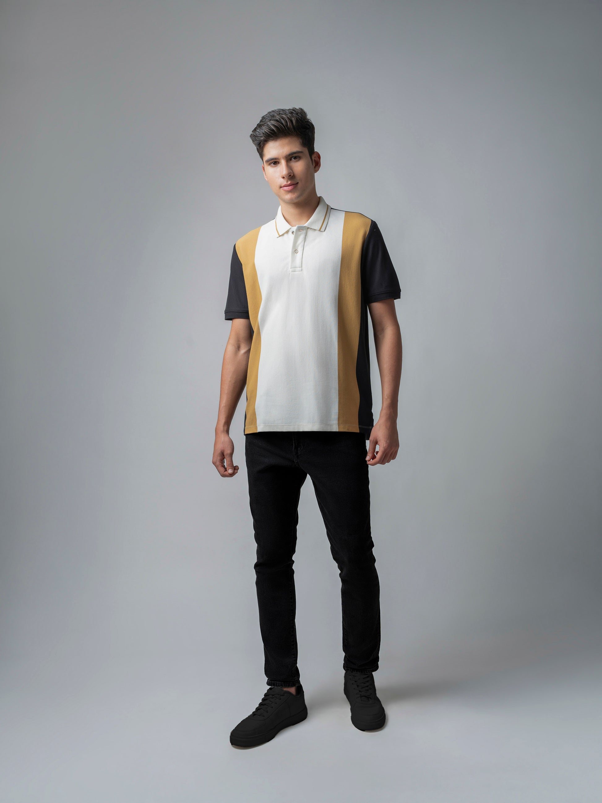  Yarn-Dyed Vertical Stripes  Cotton Lycra Black T Shirt