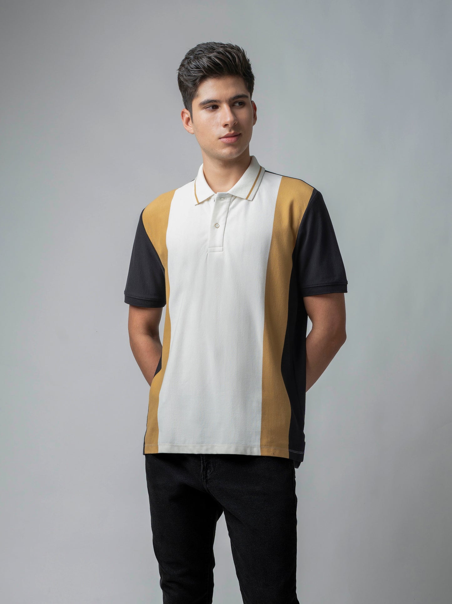  Yarn-Dyed Vertical Stripes  Cotton Lycra Black T Shirt