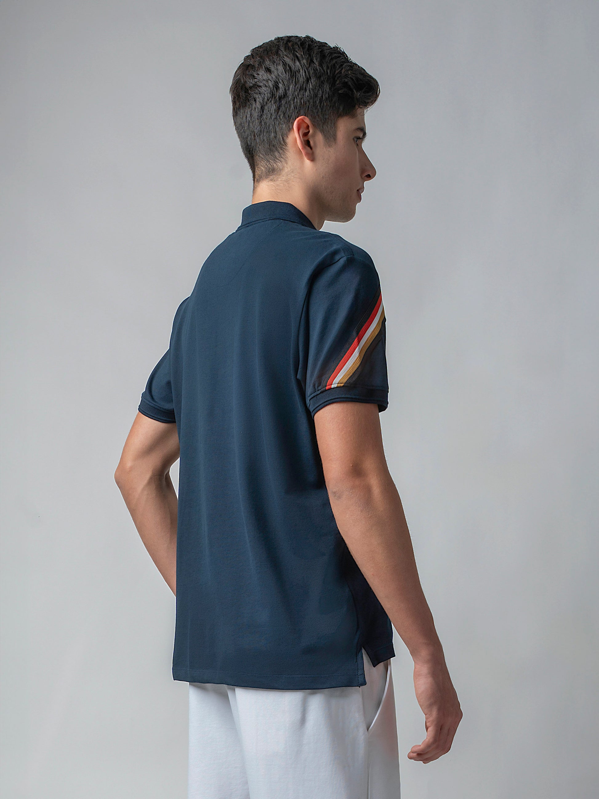 Navy Cotton Textured Lycra with Flag Tape polo t shirt for men