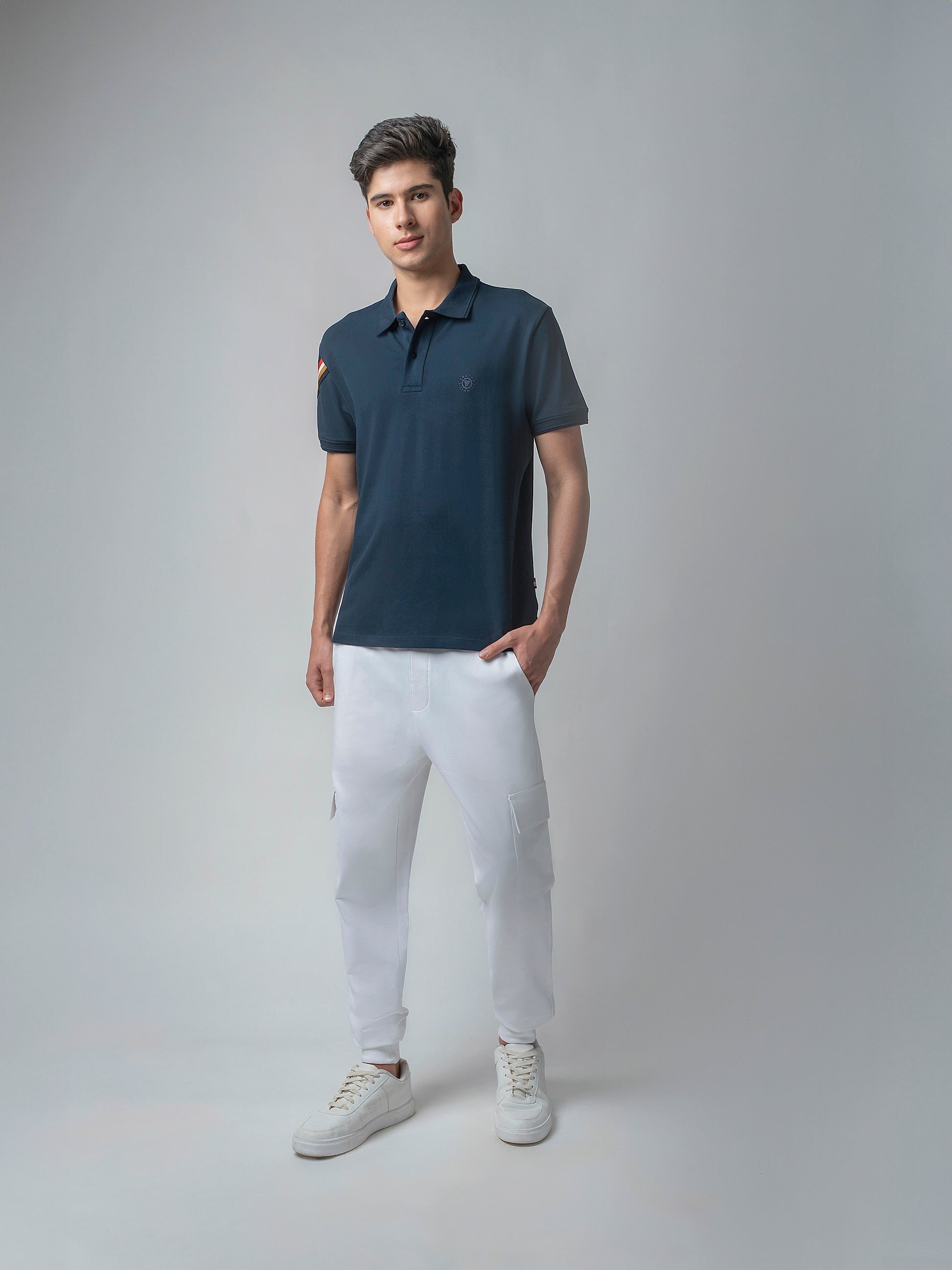 Navy Cotton Textured Lycra with Flag Tape polo t shirt for men