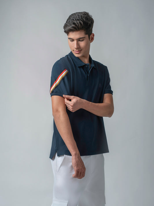 Navy Cotton Textured Lycra with Flag Tape polo t shirt for men