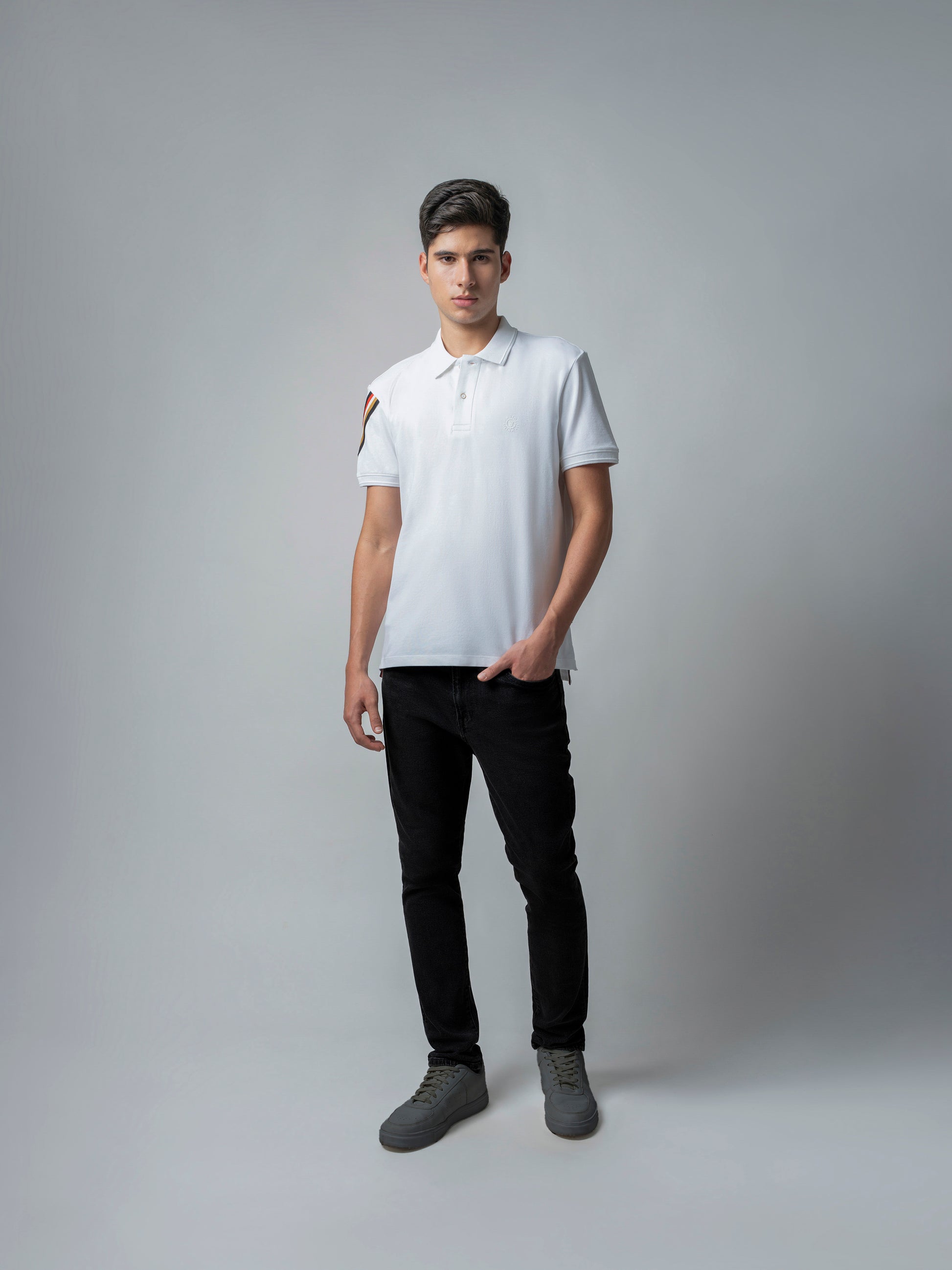 Rougen Cotton Lycra White Polo Neck T Shirt For Men