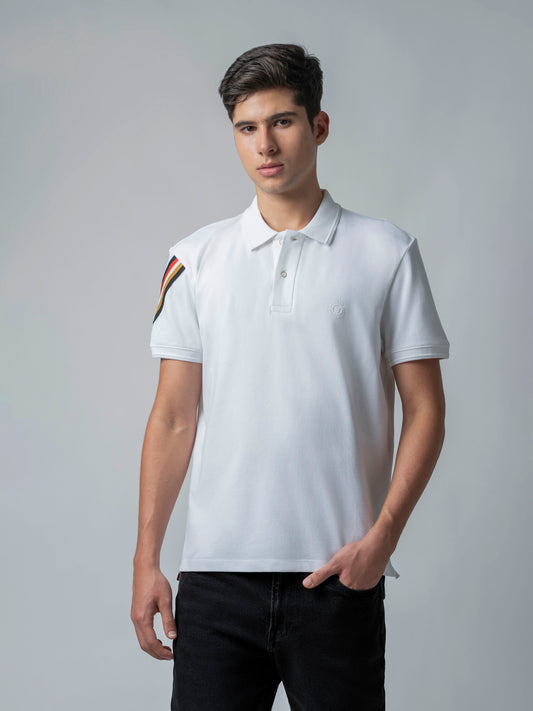 Rougen Cotton Lycra White Polo Neck T Shirt For Men