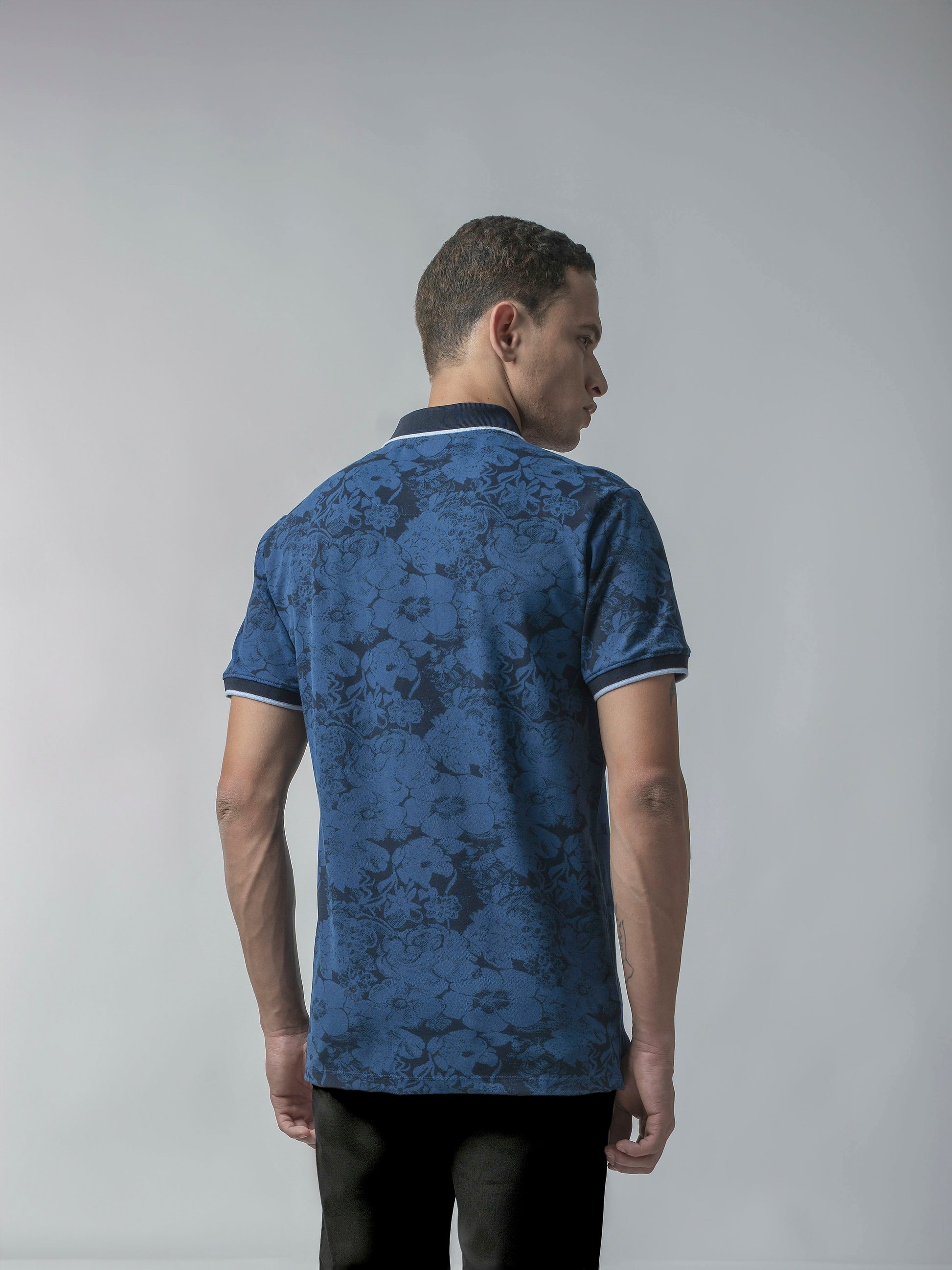 Supima Cotton Print & Contrast Tipping Navy Polo Shirt for Men