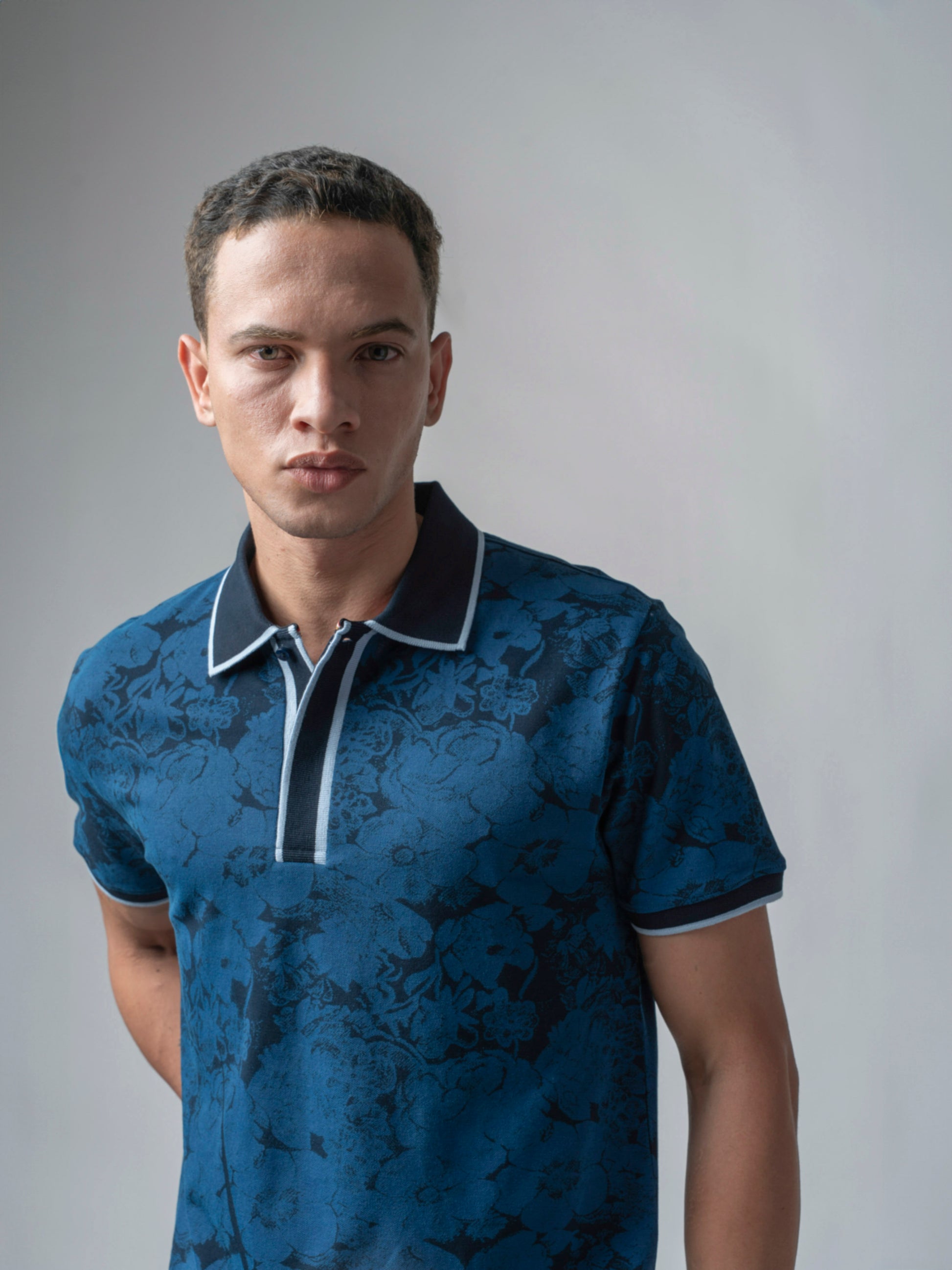 Supima Cotton Print & Contrast Tipping Navy Polo Shirt for Men
