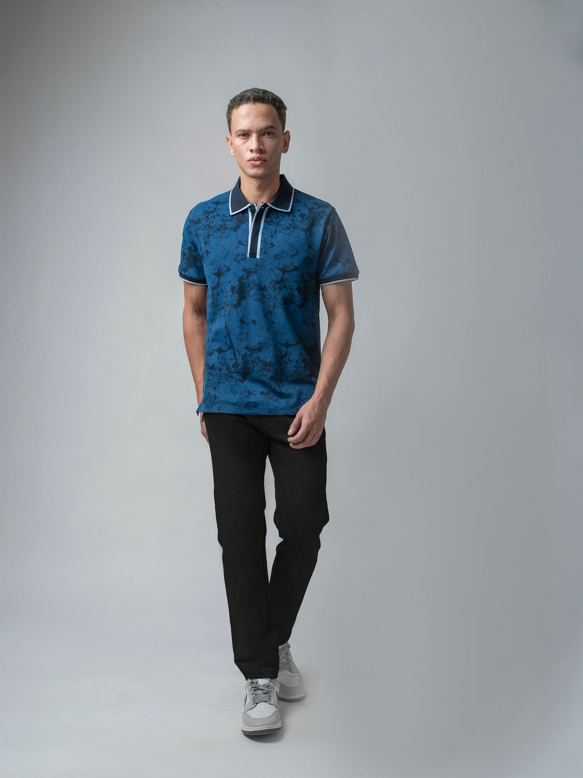 Supima Cotton Print & Contrast Tipping Navy Polo Shirt for Men