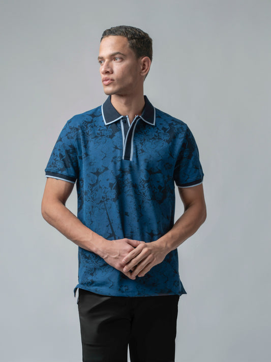 Supima Cotton Print & Contrast Tipping Navy Polo Shirt for Men