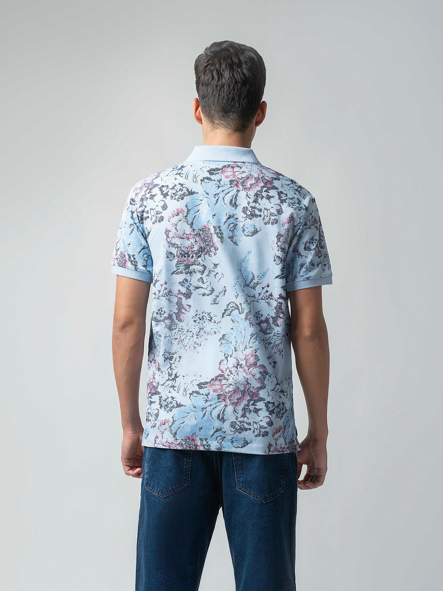 Supima Cotton All-Over Print & DTM Collar Light Blue Polo for Men