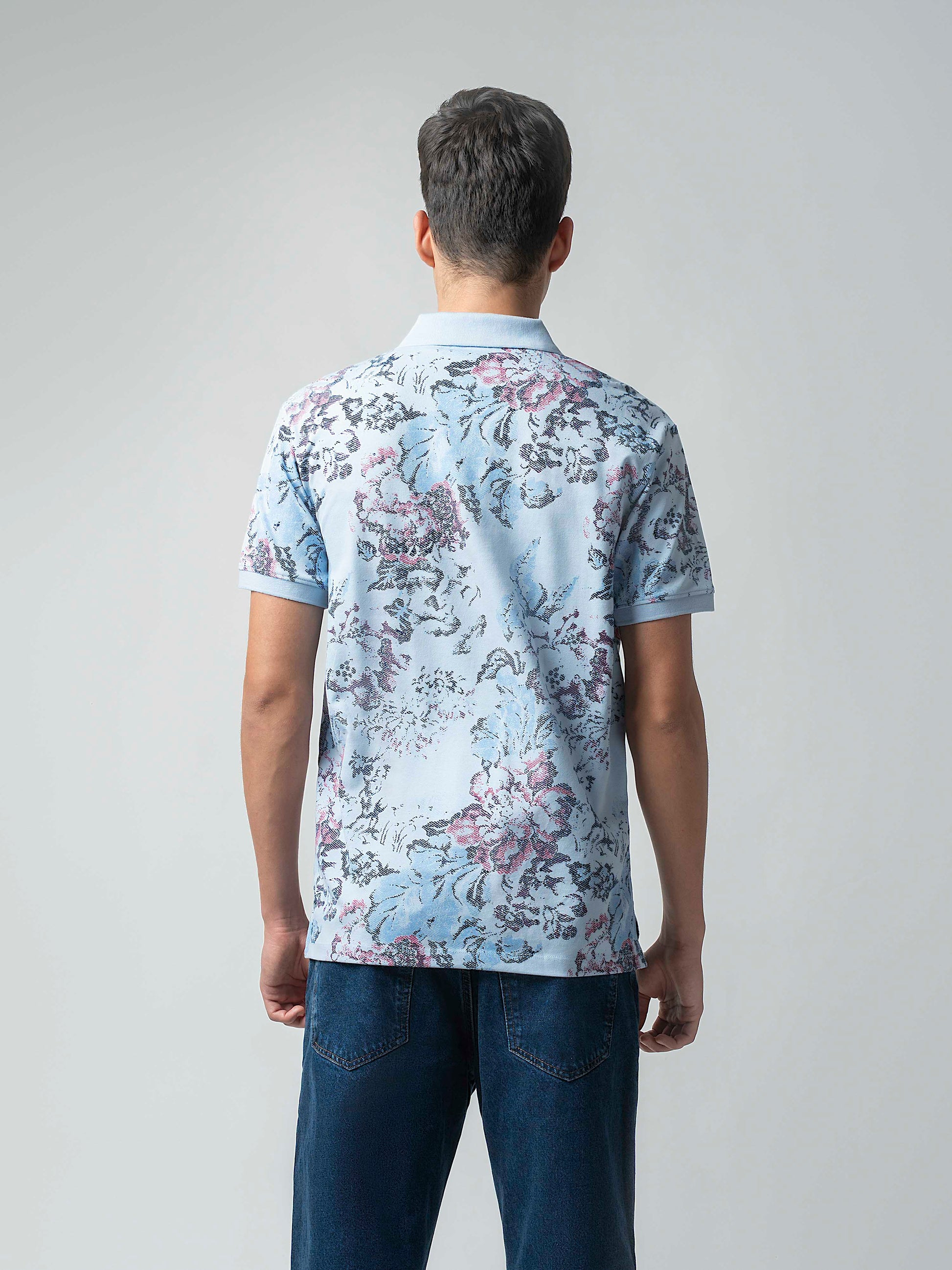 Supima Cotton All-Over Print & DTM Collar Light Blue Polo for Men