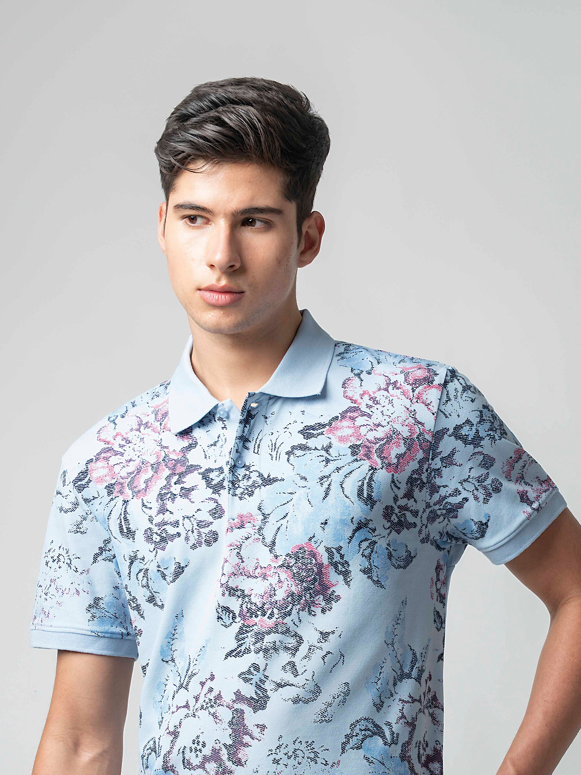 Supima Cotton All-Over Print & DTM Collar Light Blue Polo for Men
