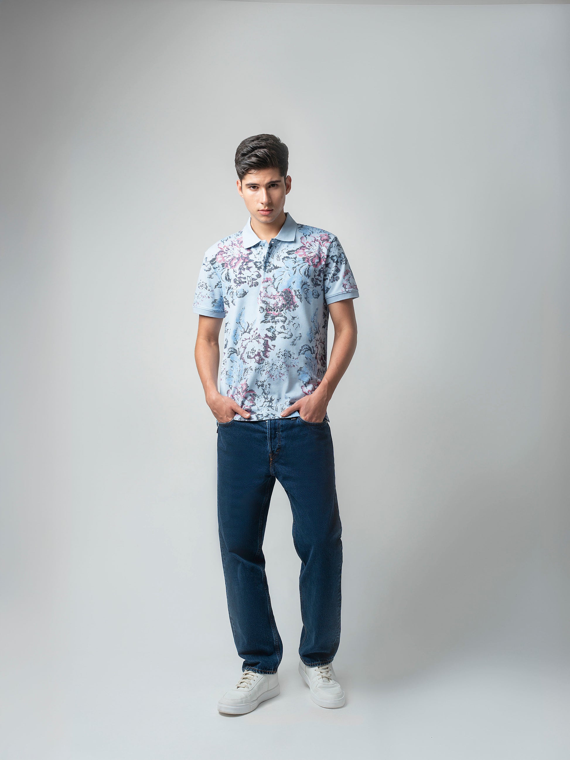Supima Cotton All-Over Print & DTM Collar Light Blue Polo for Men