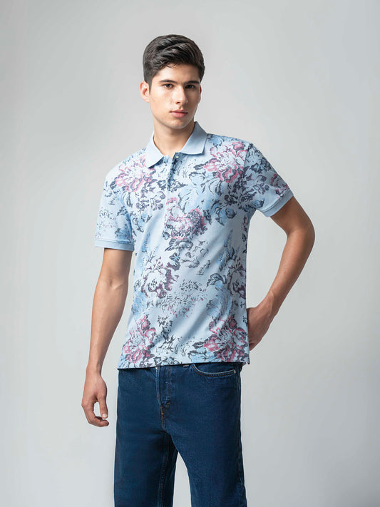 Supima Cotton All-Over Print & DTM Collar Light Blue Polo for Men