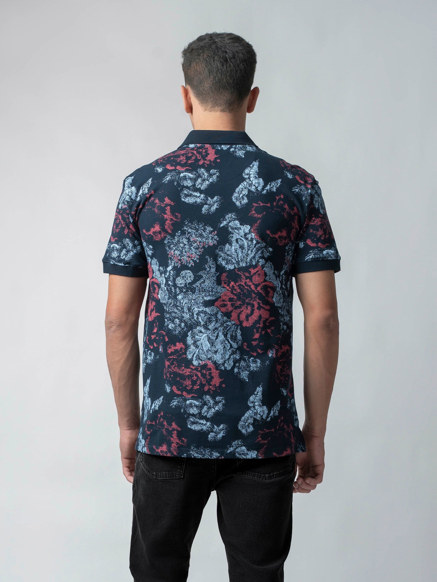 Supima Cotton Lycra with Rotary All-Over Print and DTM Collar Navy Polo