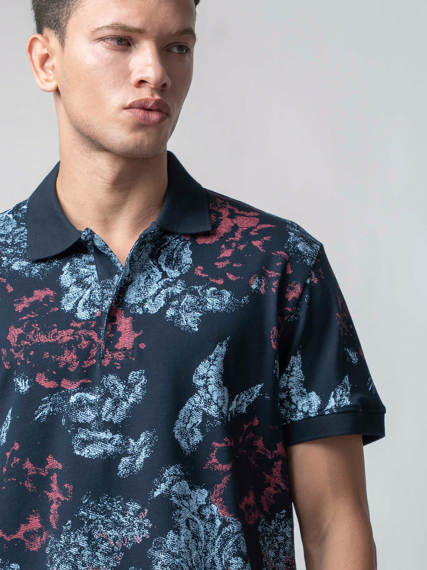Supima Cotton Lycra with Rotary All-Over Print and DTM Collar Navy Polo