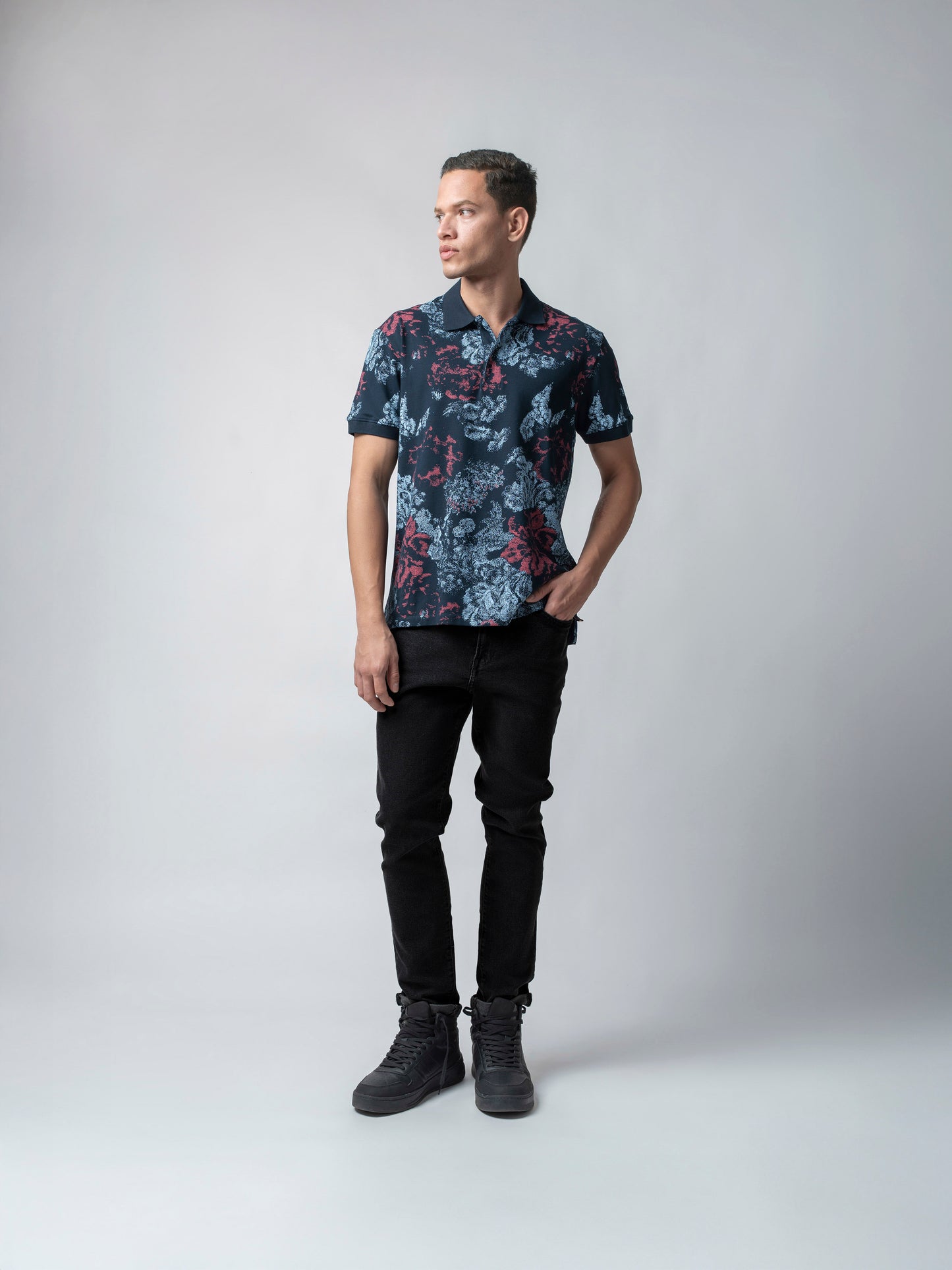 Supima Cotton Lycra with Rotary All-Over Print and DTM Collar Navy Polo