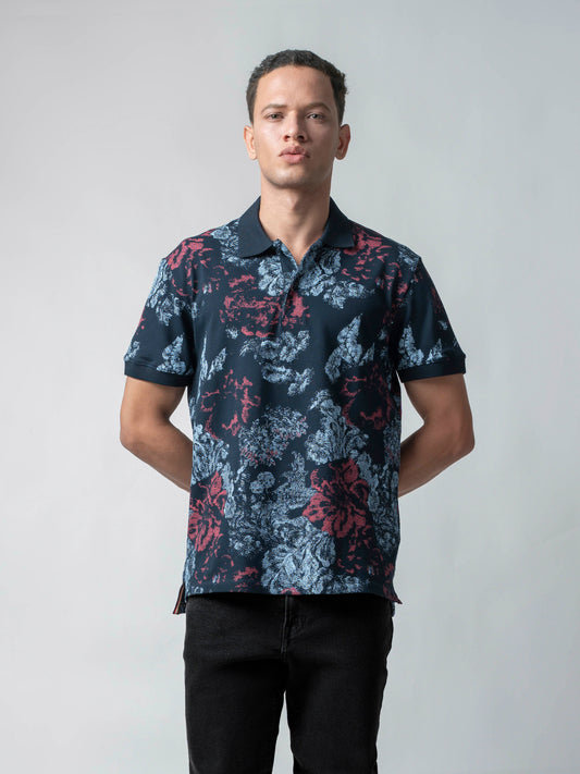 Supima Cotton Lycra with Rotary All-Over Print and DTM Collar Navy Polo