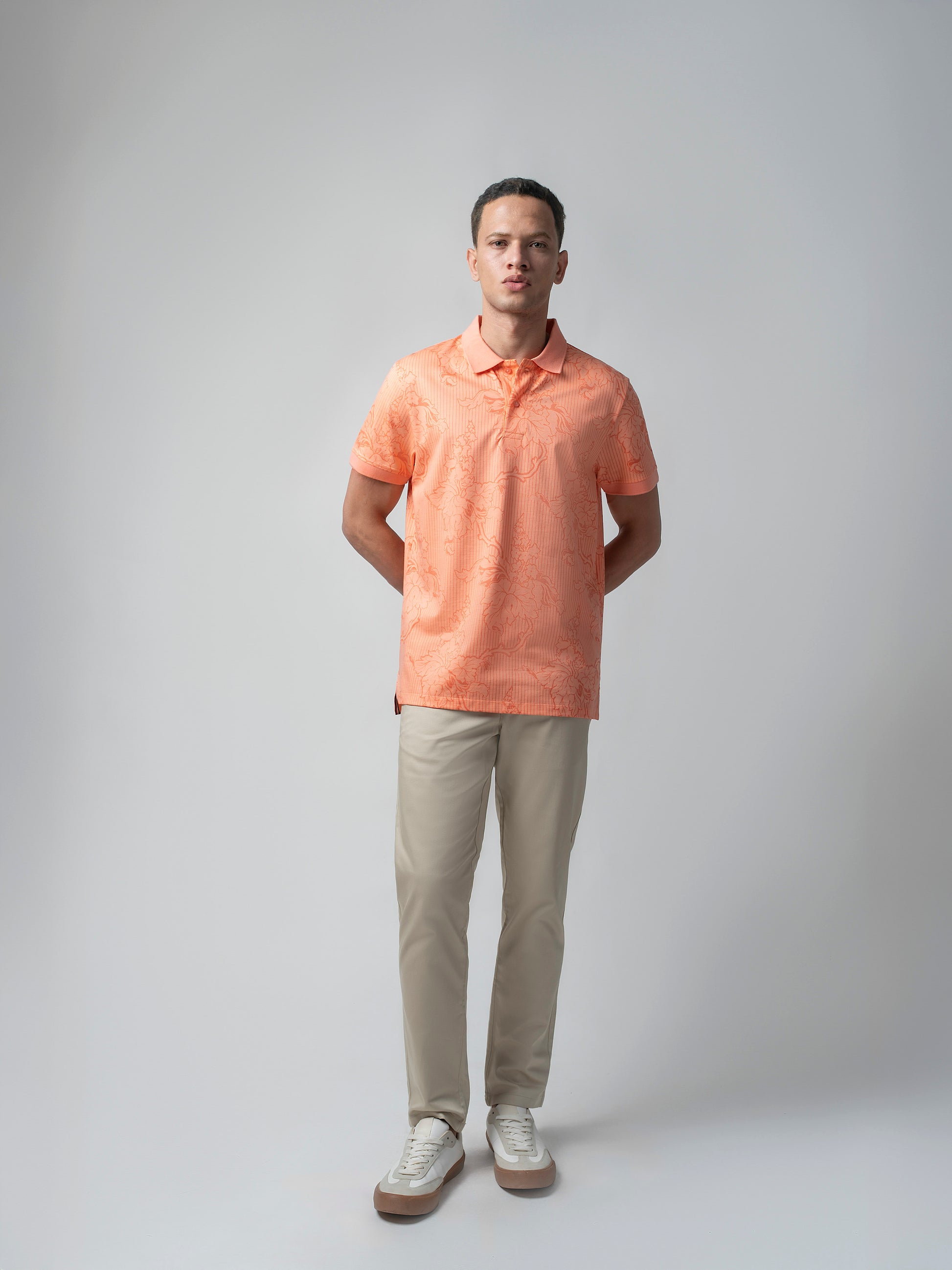 Supima Cotton All-Over Print & Slim Collar Orange Polo for Men