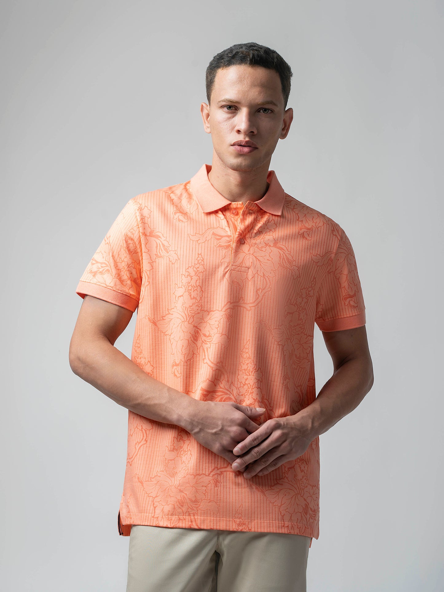 Supima Cotton All-Over Print & Slim Collar Orange Polo for Men