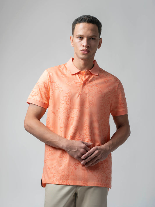 Supima Cotton All-Over Print & Slim Collar Orange Polo for Men
