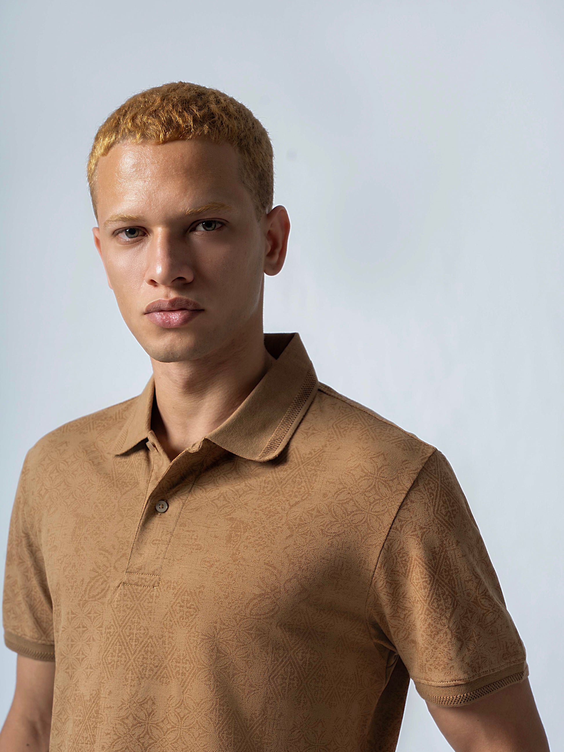Supima Cotton Print and Honeycomb Textured Khaki Polo for Men