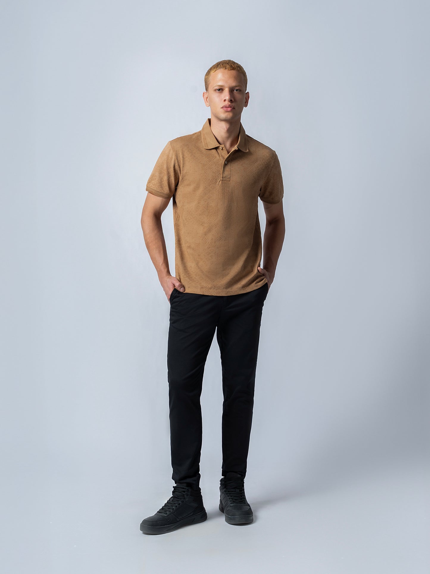 Supima Cotton Print and Honeycomb Textured Khaki Polo for Men