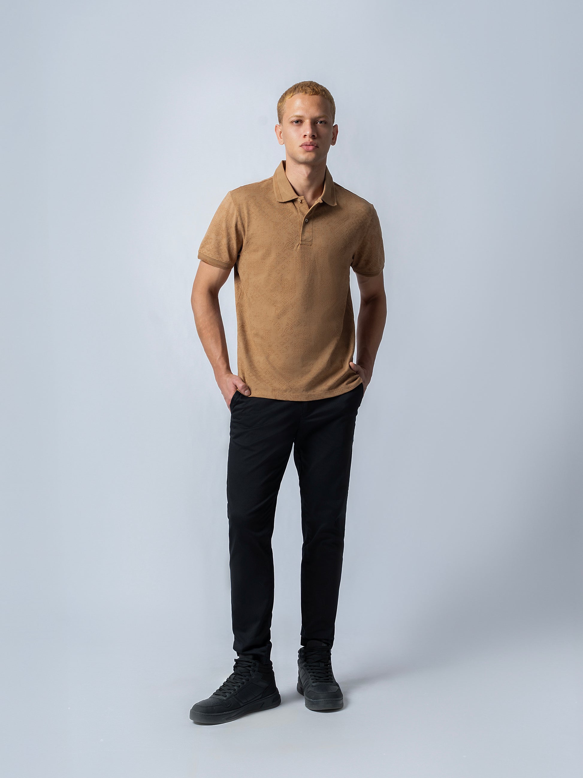 Supima Cotton Print and Honeycomb Textured Khaki Polo for Men